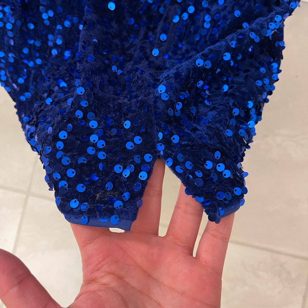 Lulus Seeing Sparkles Royal Blue Velvet Sequin Square Neck Mini Dress - Picture 3 of 15
